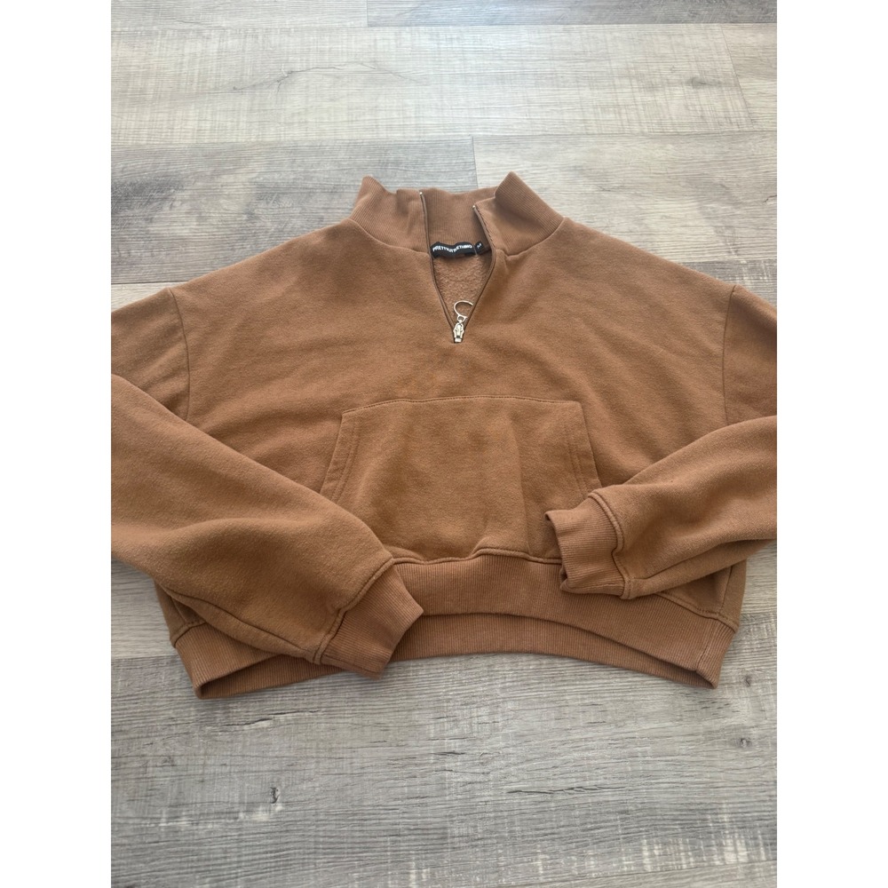 PrettyLittleThing Brown Cropped Quarter-Zip Sweatshirt - SizE med